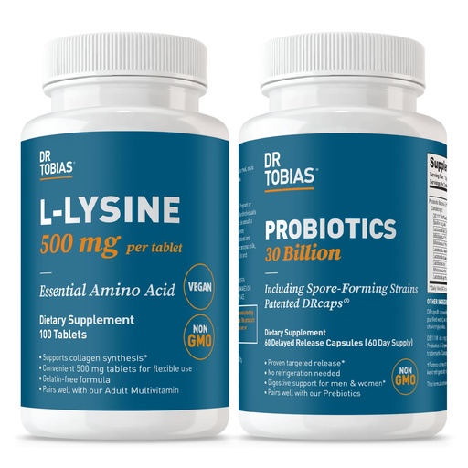 [BRSRGYAECUPBAAAU] Dr. Tobias L‑Lysine 500 mg Tablets + Probiotics 30 Billion CFU (10 Strains) – Essential Amino Acid for Skin Health + Shelf‑Stable Daily Probiotic for Gut Flora & Digestive Wellness