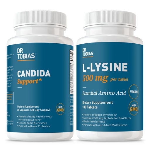 [BRSRGYAECJ6AI232] Dr. Tobias Candida Support (Gut Flora Balance Complex) + L‑Lysine 500 mg Tablets – Intestinal Detox & Probiotic Enzyme Cleanse with Essential Amino Acid for Collagen & Skin Health