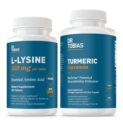 [BRSRGYAEC57REF35] Dr. Tobias L‑Lysine 500 mg Tablets + Turmeric Curcumin 1500 mg with BioPerine (120 Vegan Capsules) – Essential Amino Acid Support Plus Extra Strength Joint, Immune & Vitality Formula