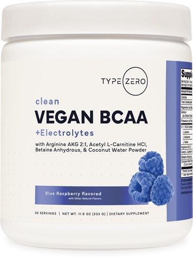 [BRSRGYIKA4IGAGY2] Type Zero Ultra Clean Vegan BCAA Powder + Electrolytes (Blue Raspberry | 6G) 2:1:1 Sugar-Free/No Sucralose BCAAs Amino Acids Supplement - BCAA Vegan Amino Acids After Workout Drink, 30 Servings