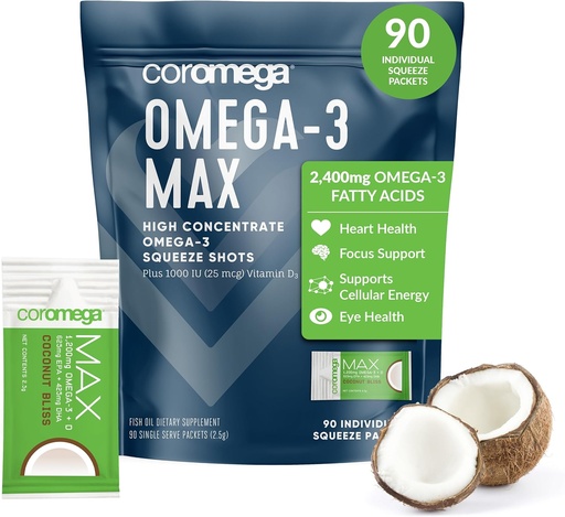 [BRSWYBDYCABBEAL4] Coromega MAX 2400mg Omega-3 Fish Oil + Vitamin D Squeeze Packets, Wild-Caught, No Fishy Taste - 3X Better Absorption Than Softgels, Supports Brain & Heart Health (90 Servings, Coconut Bliss)
