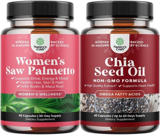 [BRSRMAAYAB4AEC3K] Bundle of Extra Strength Saw Palmetto for Women and Chia Seed Oil Extract Capsules - Stronger Thicker Faster Hair Growth Vitamins - Plant Based Omega 3 6 9 Supplement and Daily Fiber Capsules