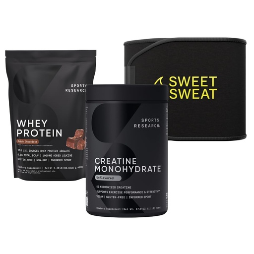 [BRSROAIPOAIAE337] Sports Research Training Performance Pack - Creatine Monohydrate, Dutch Chocolate Whey Protein and Sweet Sweat Waist Trimmer (Black/Yellow, Small)