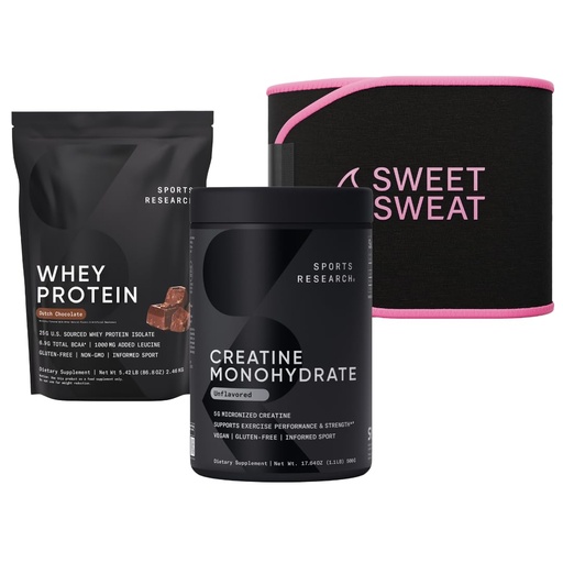 [BRSROAIPOAIB6C37] Sports Research Training Performance Pack - Creatine Monohydrate, Dutch Chocolate Whey Protein and Sweet Sweat Waist Trimmer (Black/Pink, Small)