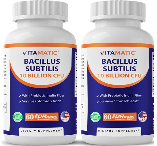 [BRSREFA5B4HQG3L6] Vitamatic Bacillus Subtilis 10 Billion per DR Capsule - 60 Count - Digestive, Gut & Immune Health Support - Made with Prebiotic Inulin Fiber-2 Pack