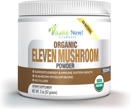 [BRSRM23QBV6BQE3O] Organic 11 Mushroom Powder - USDA Certified - Lion's Mane, Reishi, Cordyceps, Maitake, Shiitake, Tyrkia Tail, Chaga, Zhuling, Wood Ear, Poria Cocos, Hime-Matsutake - Immunity & Energy, Ingen fyllstoff