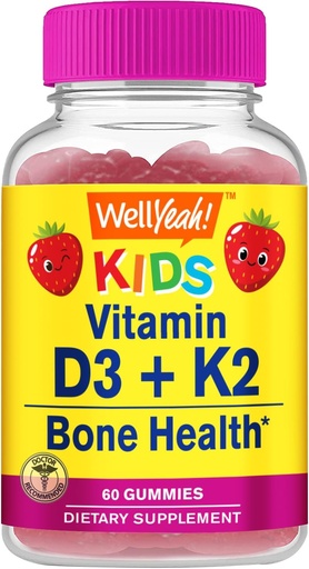 [BRSRO2QTCIMQOCA3] WellYeah Vitamin D3 + K2 for Kids Gummies - Vitamin D3 1000 IU, K2 100 MCG - Bone and Muscle Health Support, Natural Flavors, GMO Free, Gluten Free, Vegan - K2 D3 Vitamin Supplement- 60 Gummies