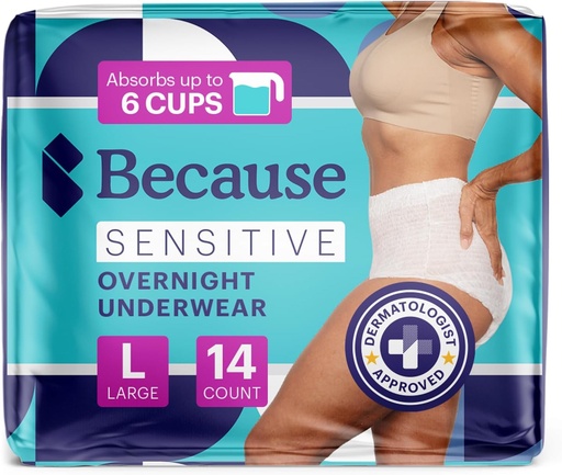 [BRSROHTYAF5GOCL7] Because Adult Incontinence Underwear for Sensitive Skin - Women - Premium Overnight Disposable Briefs, Anti Odor - White, Large - Absorbs 6 Cups - 14 count (Pack of 1)