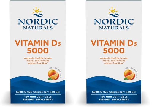 [BRSRGFIEAF7Q2FDL] Nordic Naturals Vitamin D3 5000, Orange - 120 Mini Soft Gels - 5000 IU Vitamin D3 - Supports Healthy Bones, Mood & Immune System Function - Non-GMO - 120 Servings (Pack of 2)