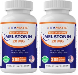 Vitamatic Melatonin 20 mg Tablets | Vegetarian, Non-GMO, Gluten Free | 1 Year Supply | Natural Berry Flavor - 365 Tablets (Pack of 2)