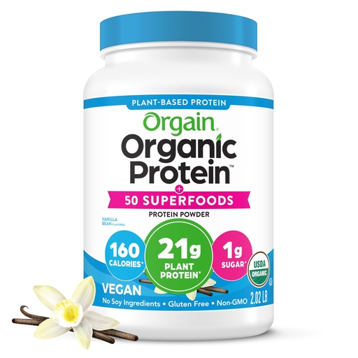 [BRSWGAQRBUDREHTZ] Orgain Organic Vegan Protein + 50 Superfoods Powder, Vanilla Bean - 21g Plant Based Protein, 8g Prebiotic Fiber, No Lactose Ingredients, Gluten Free, No Added Sugar, Non-GMO, 2.02 lb