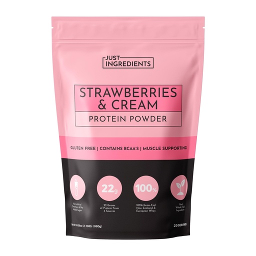 [BRSRAYY6OIGWMCL3] JUST INGREDIENTS Strawberries & Cream Protein Powder – 20-Serving Blend with 100% Grass-Fed Whey & Organic Plant Proteins – Real Strawberry Flavor – Supports Muscle Recovery, Energy*