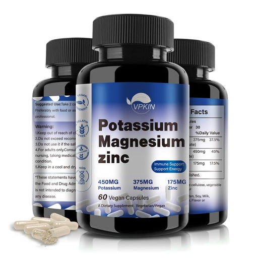 [BRSROA33BEHWYETA] Potassium Magnesium Supplement 1000mg,Magnesium Potassium Zinc for Leg Cramps,High Absorption Magnesium Complex,Vegan (60 Capsules)