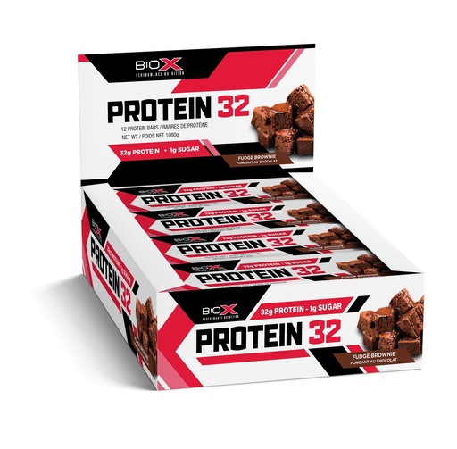 [BRSWIFANDF5AYFT2] BioX Protein 32 Bar | High Protein, High Fibre, & Low Sugar Bar | 32g Protein, 1g Sugar, 8g Fibre | Sourced From Casein, Whey Protein Isolate, Hydrolyzed Whey Protein | Box of 12 Bars (Fudge Brownie)