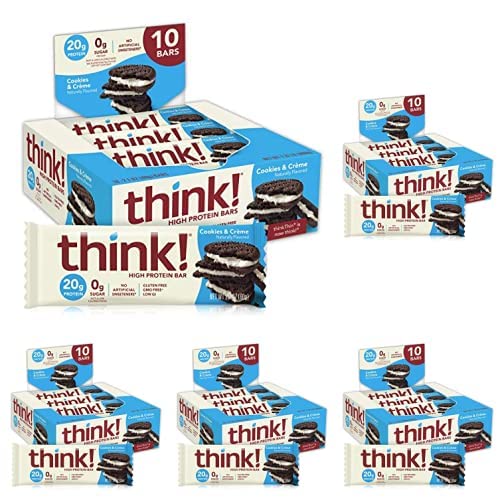 [BRSRMGLYCANB6CY4] think! Protein Bars, High Protein Snacks, Gluten Free, Sugar Free Energy Bar with Whey Protein Isolate, Cookies and Crème, Nutrition Bars without Artificial Sweeteners, 2.1 Oz (10 Count) (Pack of 5)