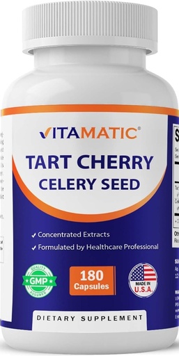 [BRSRAHY5AB5QGHYY] Vitamatic Tart Cherry 20X Extract with Celery Seed 10X Concentrated Extracts - - 180 Veg Capsules - Vegetarian, Non-GMO, and Gluten Free