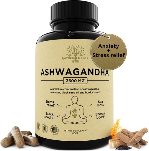 [BRSRAYL6AUFAYG3F] Akar Ashwagandha Organik & Irish Sea Moss - 3.600 mg Aswagandha Suplemen dengan Minyak Benih Hitam, & Burdock Root untuk Energi, Stress Relief, Ekstra, 60 Caps