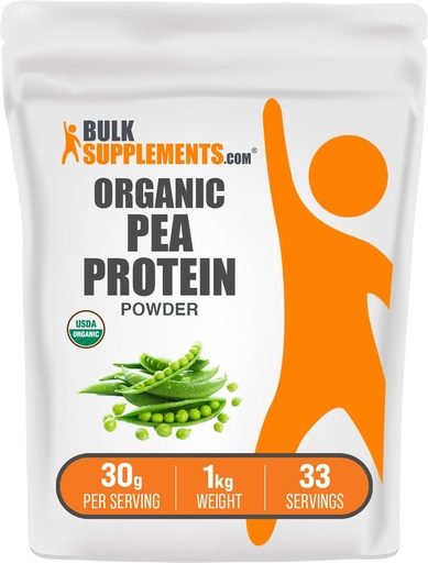[BRSWIAAZBYCBEDTA] BulkSupplements.com Organic Pea Protein Powder - Plant Based & Vegan Protein Powder - Unflavored & Gluten Free, 30g per Serving, 1kg (2.2 lbs) (Pack of 1)