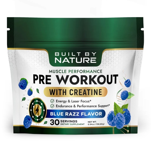 [BRSREAYCOZ7A4HLZ] Built by Nature Pre Workout Powder for Men & Women – Preworkout with Creatine for Energy, Focus & Pumps – Sports Nutrition Pre-Workout Supplement – Blue Razz Flavor, 30 Servings