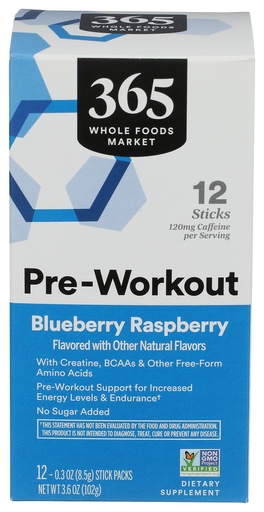 [BRSRAFAKDEIBYH3U] 365 by Whole Foods Market Blueberry Raspberry Pre-Workout Powder 12 Count, 0.3 OZ