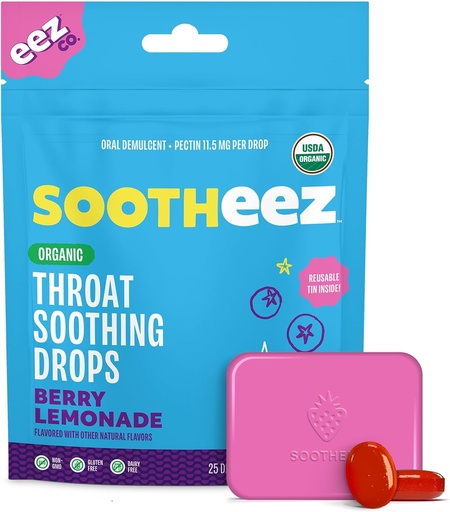 [BRSRAHQQA4BAOFI6] Sootheez Organic Throat Soothing Drops for Adults, Berry Lemonade, 25 Count, Refillable, Great Tasting Drops That Sooth Sore Throats