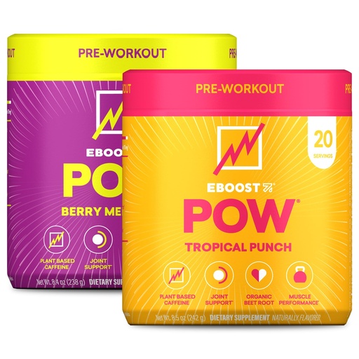 [BRSRGAQYC4IRUYLP] EBOOST POW Natural Pre Workout Powder – Berry Melon Fizz & Tropical Punch – 20 Servings Each, Energy, Focus, Joint Mobility Support, Non-GMO, Gluten-Free, No Creatine