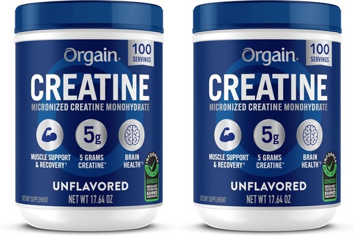 [BRSRGGQNBB7GMD3F] Orgain Creatine Monohydrate Micronized Powder,100 Servings,Unflavored,Supports Muscle Growth,Post Workout Recovery and Brain Health,No Artificial Additives,for Men & Women,Vegan,(Pack of 2)