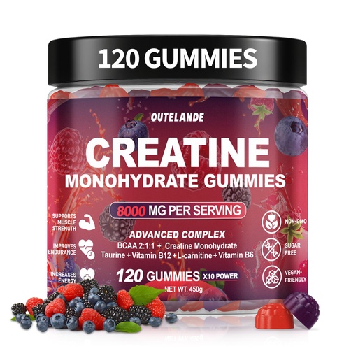[BRSREZQYBEMWCFI6] Creatine Monohydrate Gummies 8000 mg for Men & Women, Creatine Supplement for Enhanced Muscle Growth, Energy Boost - with L-Taurine, Sugar Free, Vegan, Raspberry BlackBerry Blueberry Flavor-120 Count