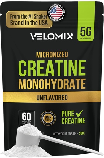 [BRSREBTROJ7GECLV] VELOMIX Micronized Creatine Monohydrate Powder - 100% Pure Creatine Powder Unflavored and Easy to Mix | Supports Muscle Growth, Recovery, and Strength | 5000mg Per Serv (5g) - 60 Servings