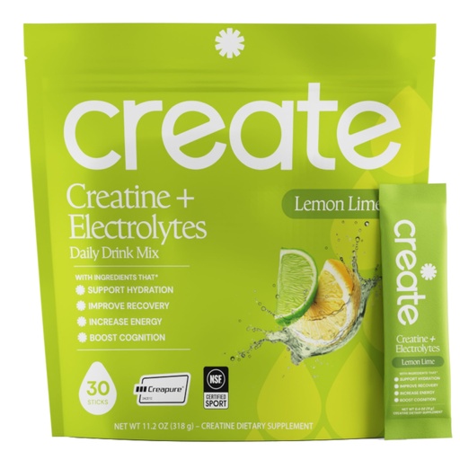 [BRSRGZQRAEHB6ALK] Create Creatine + Electrolytes Mix - Creatine Monohydrate Stick Packs, Supports Energy and Hydration, NSF Certified for Sport, 30 Count, Lemon Lime