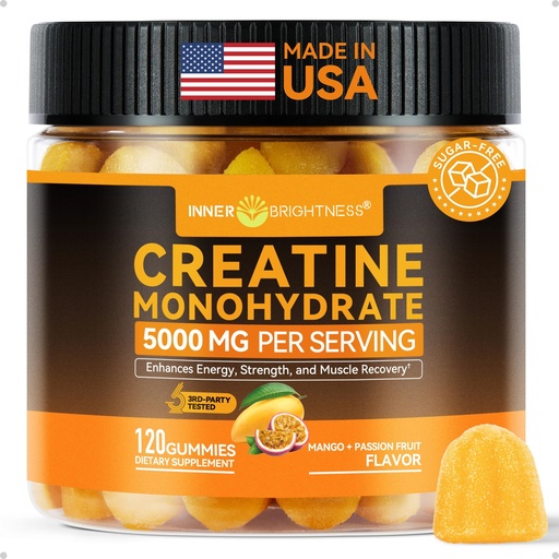 [BRSREHALBV5GYDYZ] Inner Brightness Creatine Monohydrate Gummies for Men & Women 5000 mg, 3rd Party Tested, Creatine Chews for Muscle Growth, Strength & Energy Support, Sugar Free, Vegan, 120 Count, Mango Passionfruit
