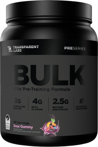 [BRSROBQ5CEBWEE3A] Transparent Labs Bulk Black Pre Workout - Clinically Dosed, Sugar Free Preworkout for Men and Women with Beta Alanine Powder, Citrulline Malate, & Caffeine - 30 Servings, Sour Gummy