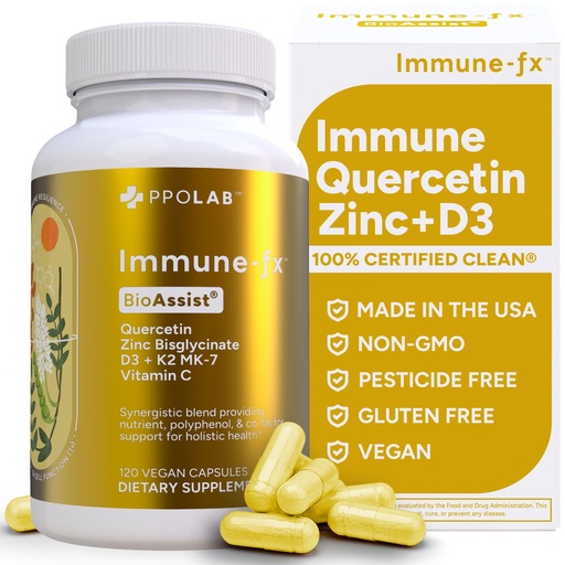[BRSW2ZYCBUPRQDLK] PPO Lab® Immune-fx™ Advanced Zinc Ionophore One-A-Day Immune Support Supplement with Zinc Bisglycinate, Quercetin, Vitamin C, D3, K2 for Respiratory, Heart, Histamine, Antioxidant Health, 120 Capsules