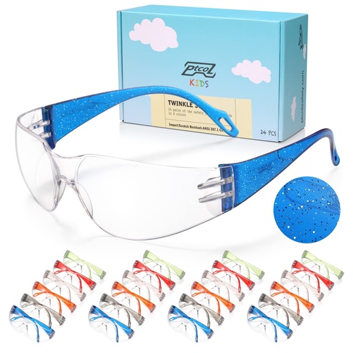 [BRSRMAT7BUGQGDTD] Kids Safety Glasses 24 Pack, Scratch, Impact Resistant Safety Goggles with Clear Lens Assorted Twinkle Color Frame, Eyewear for Lab, Sports,Shooting, Landscaping, Child Youth Size