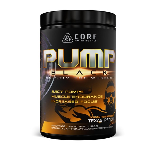 [BRSRGADROR7R6D3K] Core Nutritionals Pump Black Non-Stim Pre-Workout | Citrulline, Beta-Alanine, Betaine Nitrate & PeptiPump | Supports Muscle Pumps, Endurance & Focus | 20 Servings (Texas Peach)