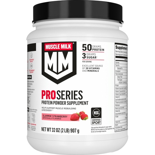 [BRSRMZYFOQHRUCLF] Muscle Milk Pro Series Protein Powder Supplement, Slammin' Strawberry, 2 Pound, 11 Servings, 50g Protein, 3g Sugar, 20 Vitamins & Minerals, NSF Certified for Sport, Packaging May Vary