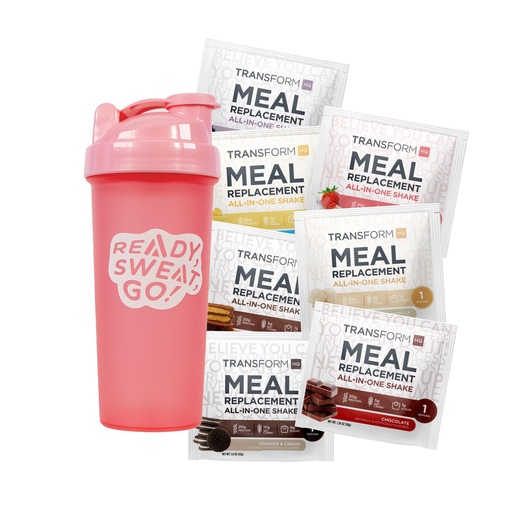 [BRSRAH37BACWGG32] TransformHQ Meal Replacement Shake Variety Box With Pink Shaker, 7 Single-Serving Shake Packs