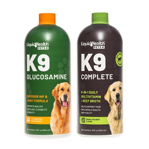 [BRSRM2YZA4PBUDIZ] LIQUIDHEALTH Pets K9 Glucosamine Chondroitin Hip & Joint Formula & K9 Complete 8-in-1 Multivitamin for Dogs, Puppies - Pet Supplement Bundle for Joint Health, Immune Support, Canine Vitamins, USA Made