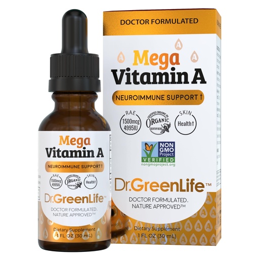 [BRSRGBTQAABB4CL7] Dr. Green Mom Mega Vitamin A Liquid Drops | 1500 mcg RAE Per 1 Drop, 1180 Servings Per Bottle | Certified Organic, Non-GMO in Organic MCT Oil | Retinyl Palmitate | Infants, Kids & Adults | 1 fl oz
