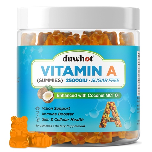 [BRSREGAKAAFQOCLJ] duwhot Vitamin A Gummies, 25000IU Vitamin A Supplement from Retinyl Palmitate & Fish Liver Oil, with Coconut Oil for High Absorption, Vision, Skin & Immune Health, Sugar-Free, Non-GMO, 60 Servings