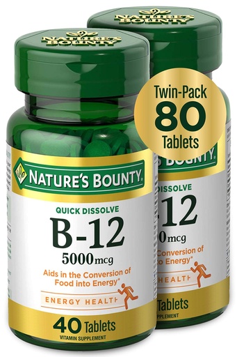 [BRSWGEABC4MBUFD6] Vitamin B12 by Nature's Bounty, Quick Dissolve Vitamin Supplement, Supports Energy Metabolism and Nervous System Health, 5000mcg, 40 Tablets (Pack of 2)