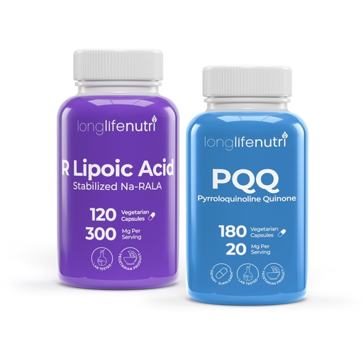 [BRSREBALAB4BQFDB] LongLifeNutri R-Alpha Lipoic Acid 300 mg + PQQ 20 mg Bundle - 120-180 Vegetarian Capsules, Cellular Energy & Metabollic Function, Daily Energy & Mental Performance, GMP Certified, Made in USA
