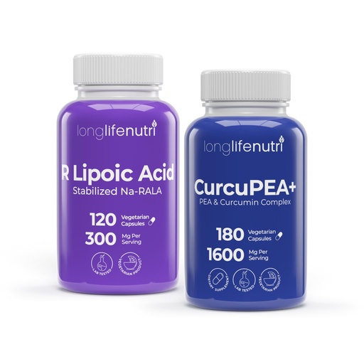 [BRSREBALBB7RGDI4] LongLifeNutri R-Alpha Lipoic Acid 300 mg + CurcuPEA+ (Palmitoylethanolamide + Turmeric Complex 600/1000 mg) Bundle - 120-180 Capsules, Cellular Energy & Natural Antioxidant, GMP Certified, Made in USA