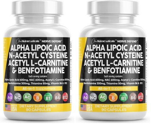 [BRSRGGQZCR6Q22AU] Alpha Lipoic Acid 600mg N-Acetyl Cysteine 600mg Acetyl L-Carnitine 500mg Benfotiamine 300mg - Nerve Support Supplement for Women and Men with Vitamin B1 B6 & B12 - Made in USA 90 Caps (Pack of 2)
