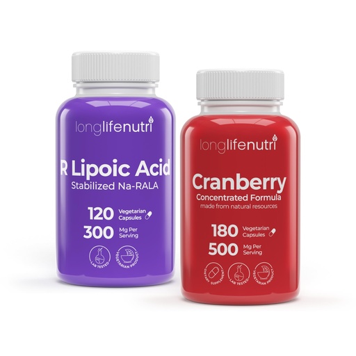 [BRSREBALOYIGK2DL] LongLifeNutri R-Alpha Lipoic Acid 300 mg + Cranberry Extract 500 mg Bundle - 120 + 180 Vegetarian Capsules, Cellular Energy & Metabolic Function, Urinary Tract Health, 4-6 Month Supply, Made in USA