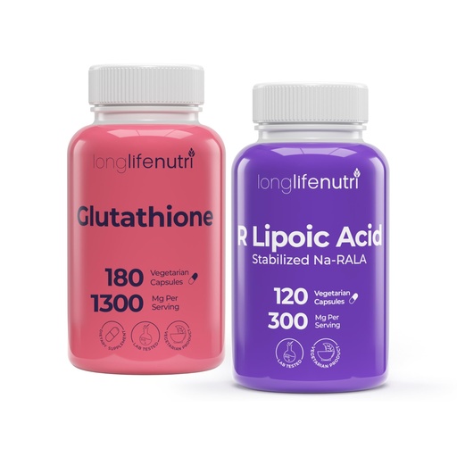 [BRSREHQTDF5QY2TB] LongLifeNutri Reduced Glutathione 500 mg & Stabilized R-Alpha Lipoic Acid 300 mg Bundle – 3–4 Month Supply, Natural Antioxidant & Cellular Energy Support, Non-GMO, GMP Certified, Made in USA