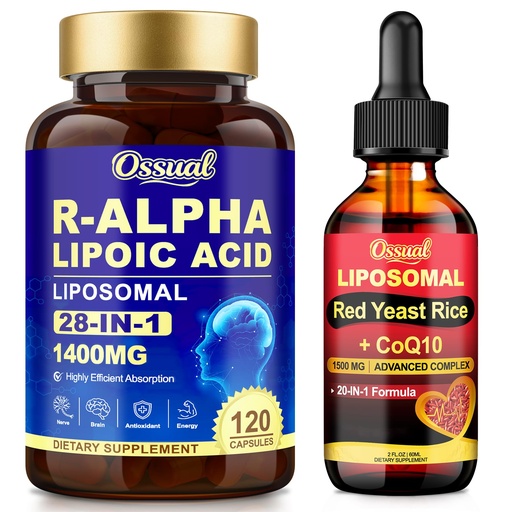 [BRSRGC35CQMQ42D4] Liposomal 20-in-1 Red Yeast Rice Drops (1500mg) + R-ALA 1400mg Neuropathy Supplements Capsules – for Daily Cholesterol & Nerve-All-in-1 Supplement