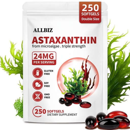 [BRSRGGIFPN5RUDLK] ALLBIZ Astaxanthin 24mg | 250 Softgels | 250-Day Supply | Premium Antioxidant Supplement Supports Eye, Skin, Brain & Liver Health | Natural Microalgae Source, Non-GMO, Gluten Free