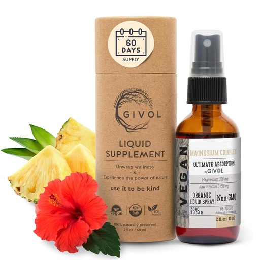 [BRSROAYCB4GWGHIV] Tri Magnesium Complex - Magnesium Biglycinate, Citrate & Taurate Liquid Spray 300mg w/Raw Vitamin C for Body Decompression - Hibiscus & Pineapple Flavor, 2 Fl Oz (60 ml) - 60 Day Supply