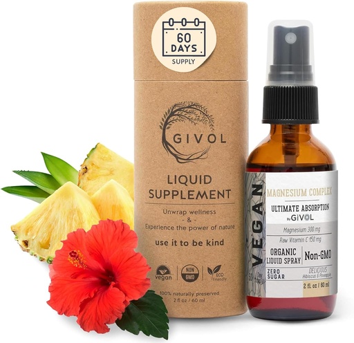 [BRSROAYCB4GWGHIV] Tri Magnesium Complex - Magnesium Biglycinate, Citrate " Taurate Liquid Spray 300mg w/Raw Vitamin C for Promoting Serenity, Body Decompression - Hibiscus " Pineapple Flavor 60ml (2oz)